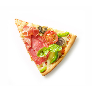 slice of pizza isolated on white background, top view